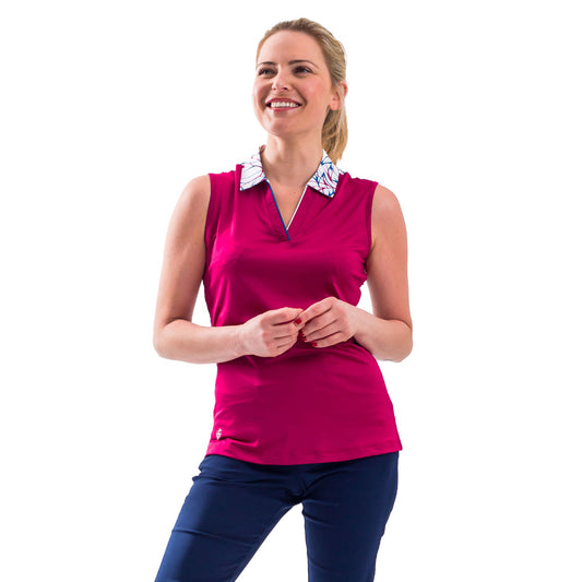 IGLTS2329 - Ladies 'Summer Leaf' Printed Back & Collar Sleeveless Polo Shirt